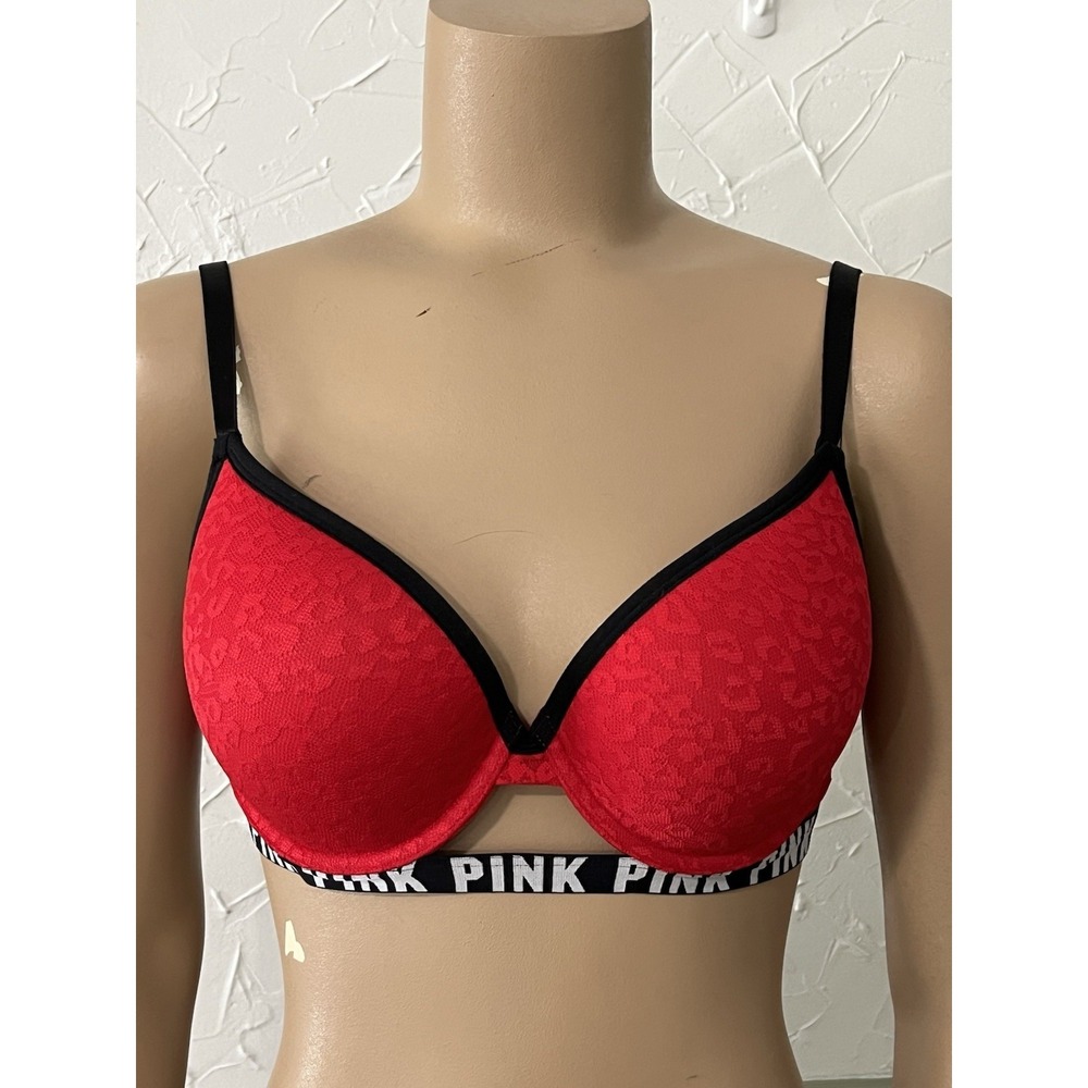 Victoria's Secret Where Everywhere Light Lined Underwire Bra 36C Red Lace Logo